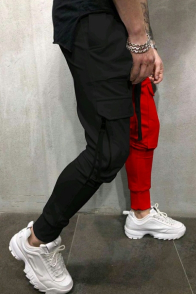 Casual Sports Pants Men 4-pocket Styling Gathered Ankle Colorblock Drawstring Trousers
