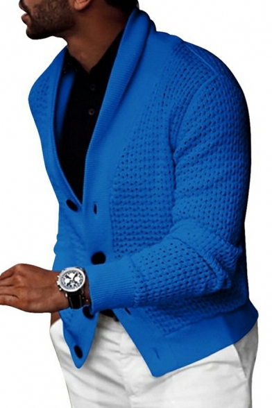 Chic Cardigan Solid Color Shawl Collar Button down Ribbed Trim Cardigan for Men