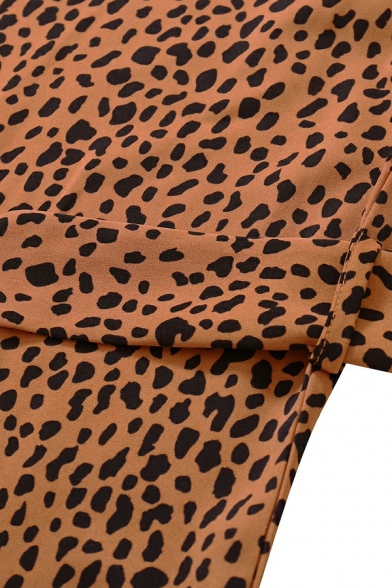 Chic Women's Dress Leopard Pattern Belt Detail Long Sleeves Crew Collar Mini A-Line Dress