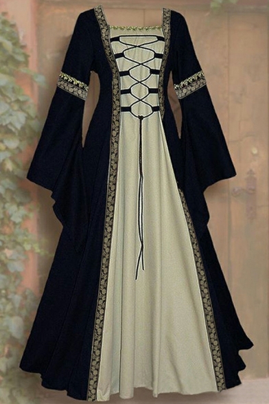 Gothic Retro Square Neck Dress Long Flared Sleeve Lace up Long Dress