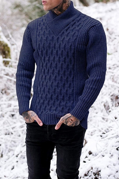 Men's Slim Sweater Plain Long Sleeve Half Turtleneck Vintage Crochet Knit Sweater