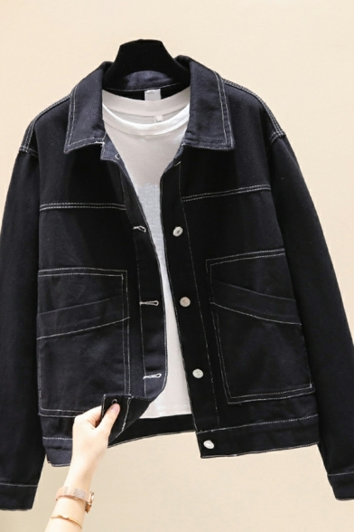 Retro Ladies Jacket Long Sleeves Plain Chest Pocket Spread Collar Button down Denim Jacket