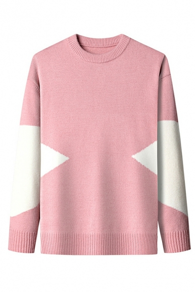 Retro Sweater Color Block Round Neck Ribbed Trim Sweater for Men