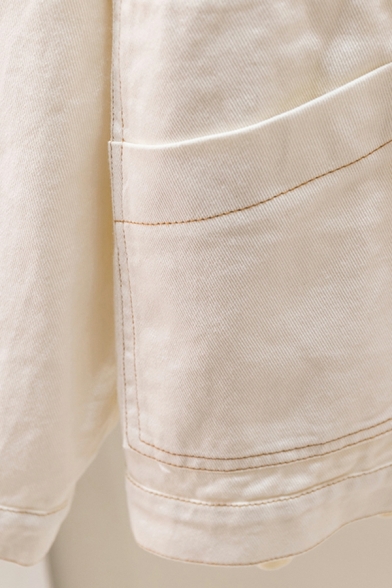 Women Chic Jacket Solid Color Long-sleeved Pocket Spread Neck Button Closure Denim Jacket