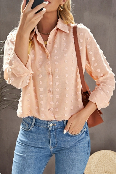 Women Trendy Shirt Solid Color Turn-down Collar Button up Long Sleeves Shirt