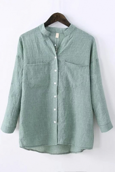 Cozy Women Shirt Solid Chest Pocket V-neck Long-Sleeved Regular Button Placket Shirt