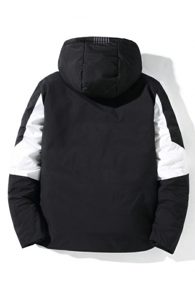 Creative Down Coat Color Block Hooded Full Zipper Down Coat for Men