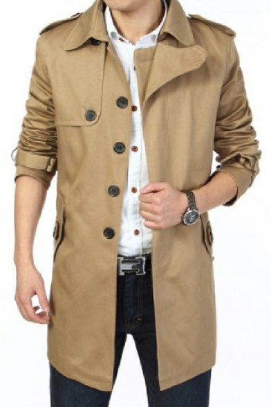 Guys Dashing Jacket Pure Color Pocket Long Sleeve Turn-down Collar Button-up Trench Jacket