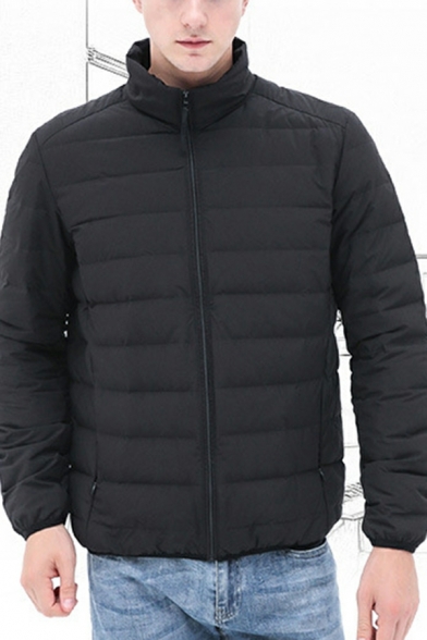 Men Cool Puffer Coat Solid Color Stand Collar Full Zip Pocket Detailed Puffer Coat