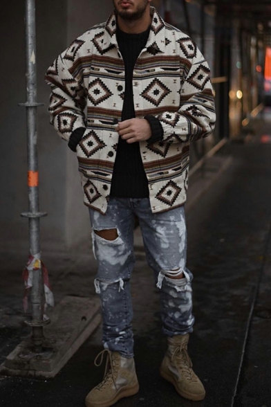 Street Look Jacket Geometric Print Loose Spread Collar Button Fly Jacket for Guys