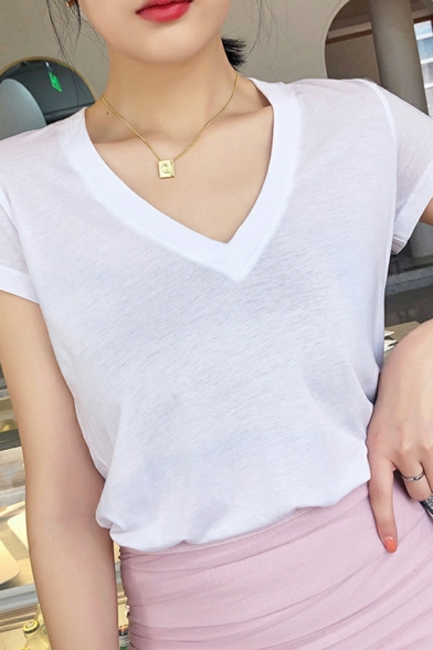 V-neck Plain Color T-shirt Women Summer Short-sleeved Slim Cotton T-shirt