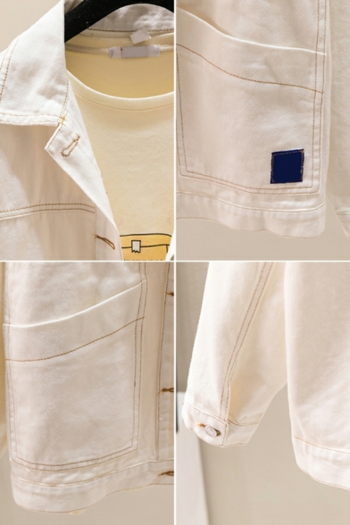 Women Chic Jacket Solid Color Long-sleeved Pocket Spread Neck Button Closure Denim Jacket