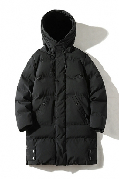Fancy Down Coat Solid Color Hooded Full-Zip Front Pocket Down Coat for Men