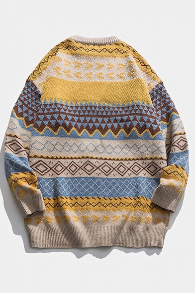 Harajuku Casual Sweater Men's Loose Long Sleeve Crew Neck Colorblock Pullover Knit Sweater
