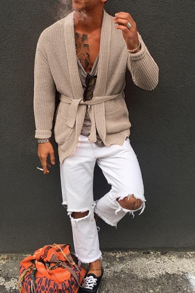 Knitted Cardigan Sweater Men's Casual Lapel Solid Color Lace-Up Cardigan Sweater