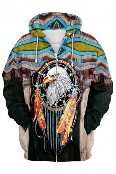 Men Creative Hoodie 3D Tribal Pattern Drawcord Full Zipper Front Pocket Rib Cuffs Hoodie