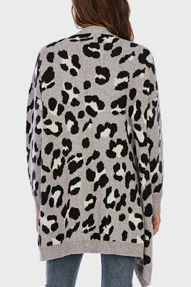 Retro Cardigan Leopard Print V-Neck Pocket Detailed Open Front Cardigan for Women