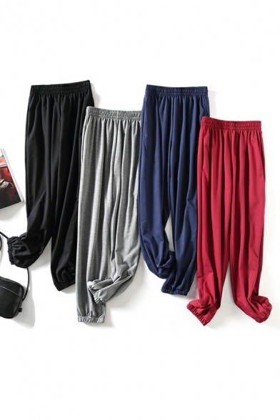 Women Casual Pants Solid Color Elastic Waist Banded Cuffs Sweat Pants
