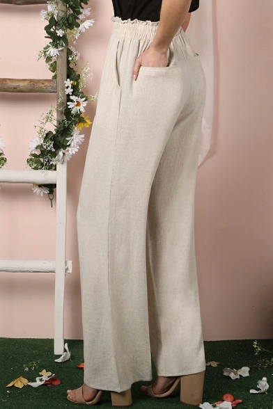 Women Stylish Pants Solid Color Elastic Waist Wide Leg Pants