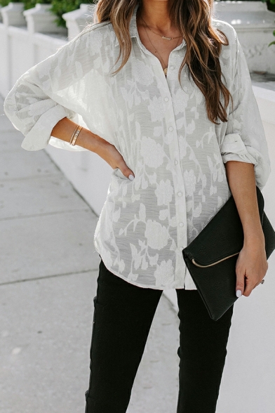 Women Urban Shirt Floral Printed See-Through Button Closure Long-Sleeved Shirt