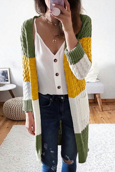 Fancy Women Cardian Color Block Cable Knit Long Sleeves Pocket Detail Open Front Cardian