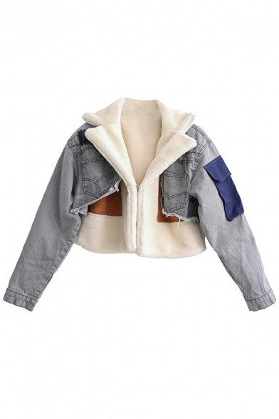 Girls Street Style Jacket Color Block Lapel Collar Brushed Long Sleeve Crop Denim Jacket