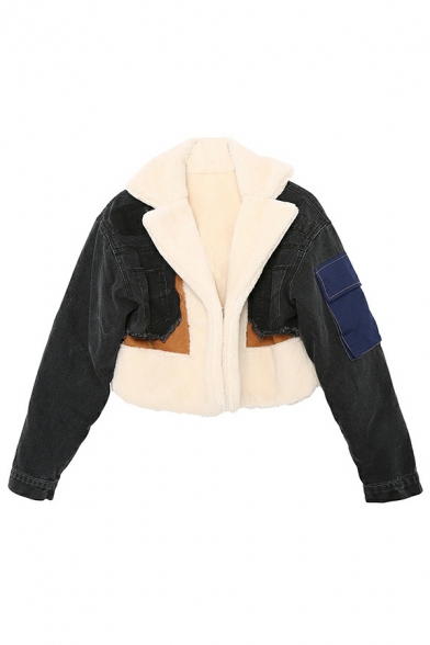 Girls Street Style Jacket Color Block Lapel Collar Brushed Long Sleeve Crop Denim Jacket
