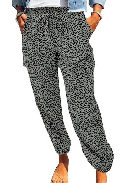 Women Creative Pants Leopard Pattern Elastic Waist Banded Cuffs Pants