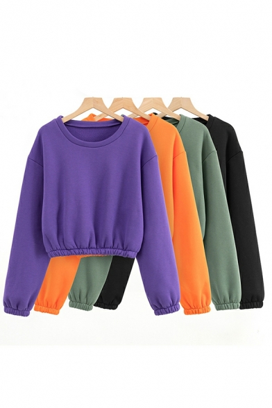 Women Edgy Sweatshirt Pure Color Crew Collar Long Sleeves Fitted Crop Sweatshirt