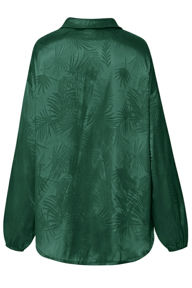Women Elegant Shirt Tropical Plant Leaf Print Point Collar Button down Long Sleeve Shirt