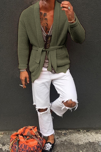 Knitted Cardigan Sweater Men's Casual Lapel Solid Color Lace-Up Cardigan Sweater