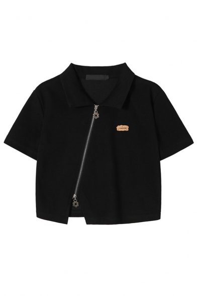 Leisure Cropped T-Shirt Plain Spread Collar Full Zipper Short-Sleeved T-Shirt for Women