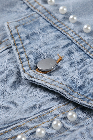 Loose Denim Jacket Fall Women Vintage Pocket Single Breasted Pearl Jacket