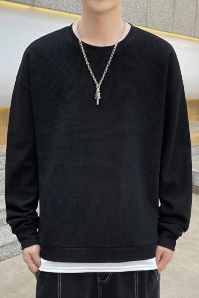Men Boyish Sweatshirt Contrast Line Printed Round Neck Ribbed Trim Sweatshirt