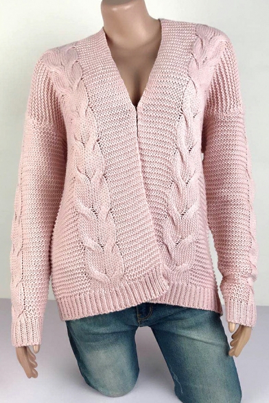 Popular Ladies Cardian Whole Colored Cable Knit Long Sleeves V Neck Open Front Cardian