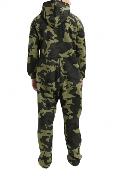 Simple Jumpsuits Camo Printed Hooded Brushed Full Zip Long Sleeves Maxi Jumpsuits for Men