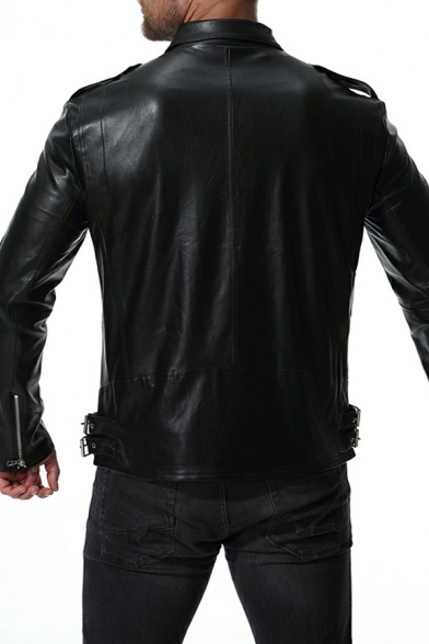 Causal Guys Jacket Pure Color Point Collar Long Sleeves Oblique Zipper Leather Jacket