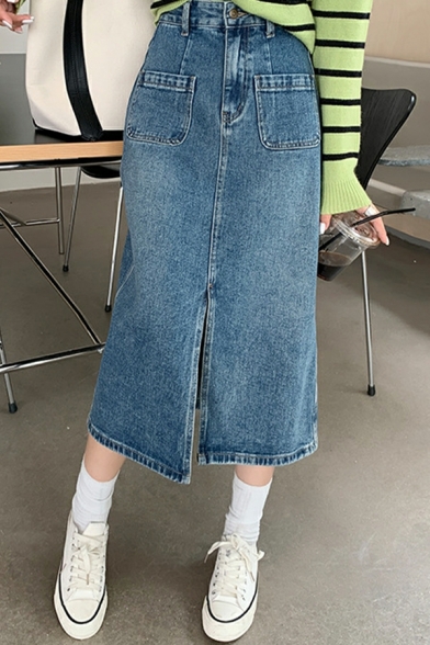 Chic Girls Skirt Pure Color Midi Pocket Design Zip down Split Front Denim Skirt