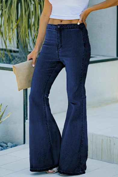 Fancy Women Jeans Solid Ankle Length Pocket Mid Rise Bootcut Zip Closure Jeans