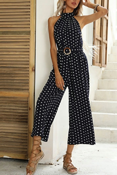 Fashion Ladies Jumpsuits Polka Dots Printed Halter Sleeveless Belt Ankle Length Jumpsuits