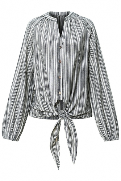 Girls Classic Shirt Stripe Print V-neck Tie-up Long-Sleeved Sashes Button Fly Shirt