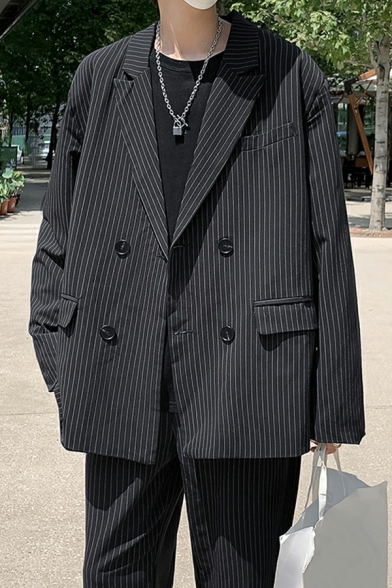 Novelty Guy's Blazer Striped Print Flap Pocket Lapel Collar Oversized Button-up Blazer