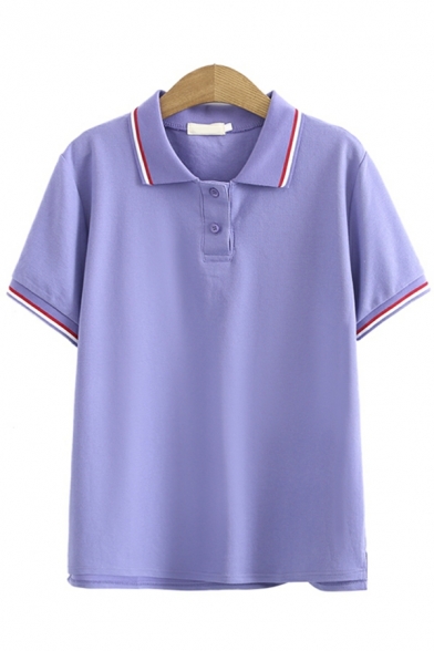 Novelty Women Polo Shirt Contrast Stripe Spread Collar Short Sleeves Button-up Polo Shirt