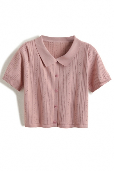 Original Ladies Polo Shirt Solid Button down Short Sleeves Spread Collar Crop Polo Shirt