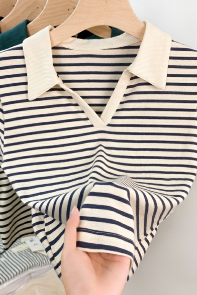 Popular Girls Tee Shirt Stripe Printed Spread Collar Short Sleeves Cropped Tee Top