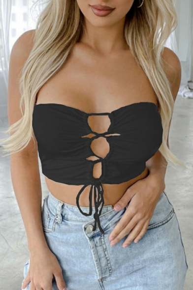 Summer New Tops for Sexy Girls Drawstring Hollow Small Bra Strapless Tanks