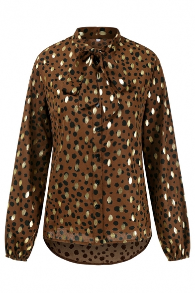 Urban Blouse Leopard Printed Stand Collar Chiffon Bishop Sleeve Blouse for Women