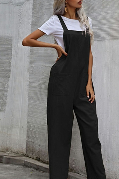 Urban Ladies Bodysuit Plain Pocket Detailed Sleeveless Long Length Overalls Bodysuit
