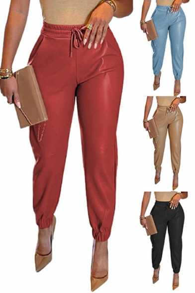 Women Trendy Pants Whole Colored Drawstring Waist Ankle Length Mid Rise Leather Pants