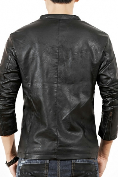 Boys Unique Solid Pocket Stand Collar Long-Sleeved Slimming Zip Placket Leather Jacket